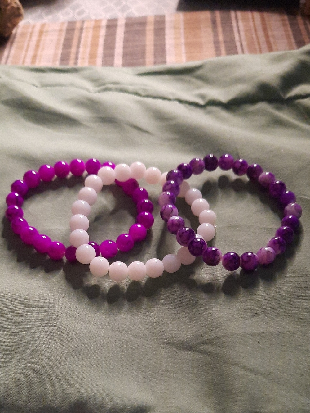Purple & White Beaded Stretch Bracelets - Set of 3